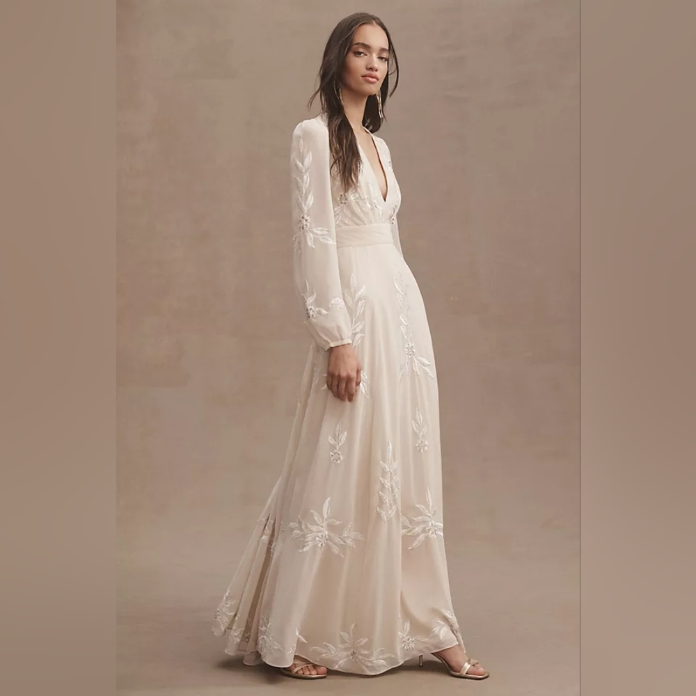 BHLDN Belize Embroidered A-Line Long-Sleeve V-Neck Gown